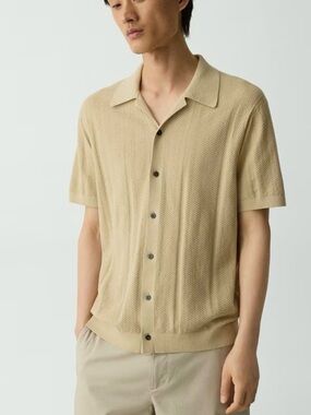 Light Tan Short Sleeve Button-Up Knit Shirt
